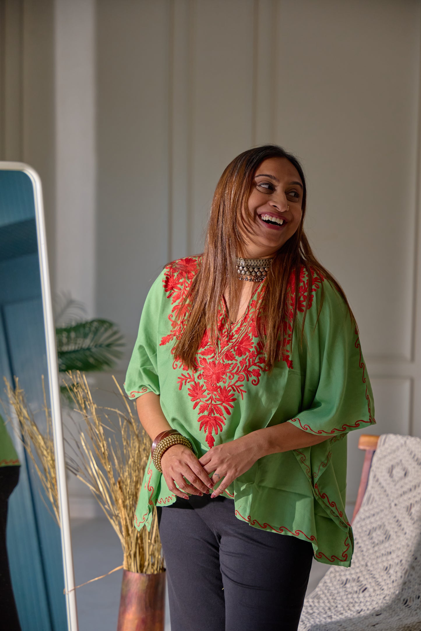 Green and Red Kashmiri Kaftan Top