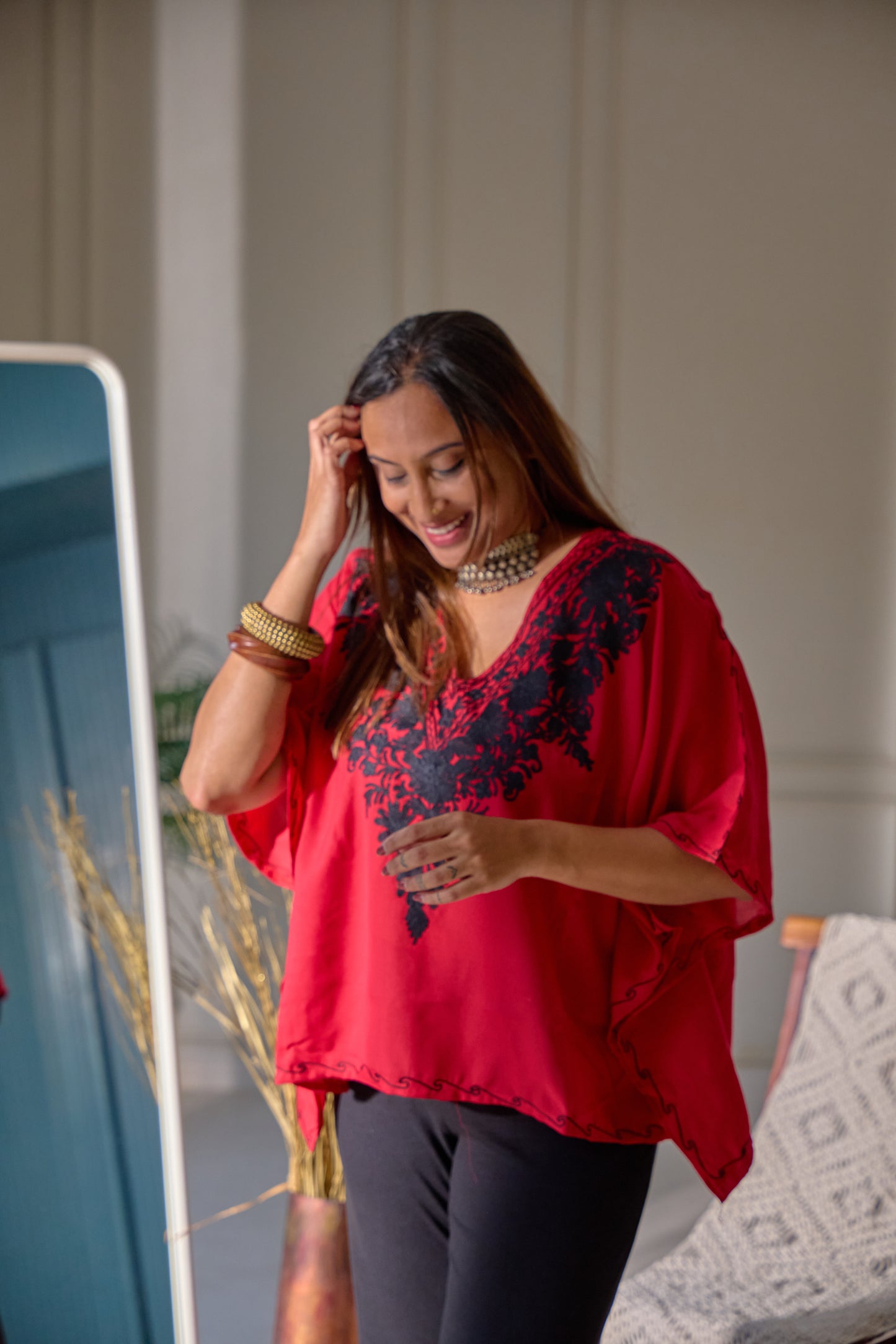 Red with Black Kashmiri Kaftan Top