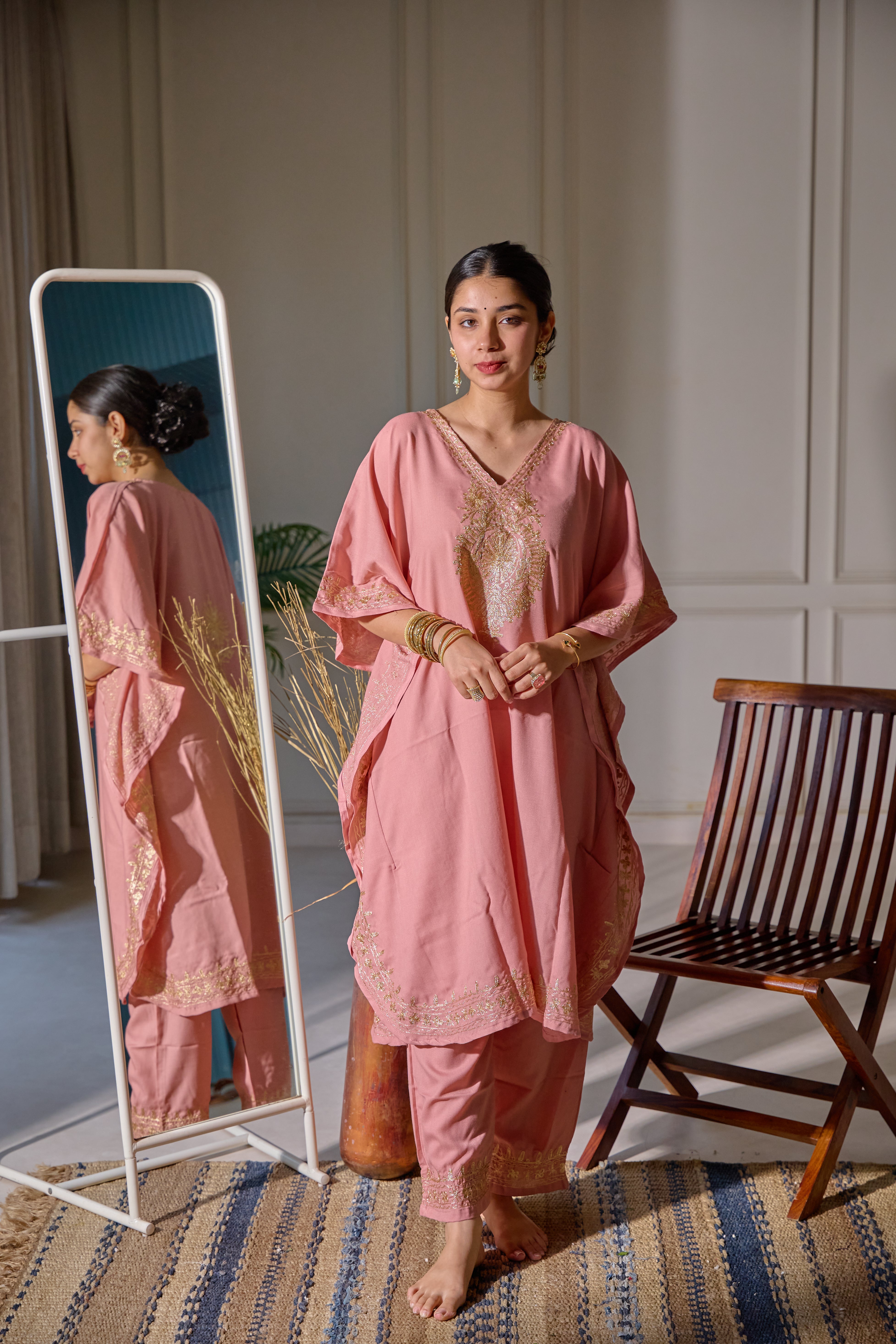 Pink Mughal Zari Kaftan Set