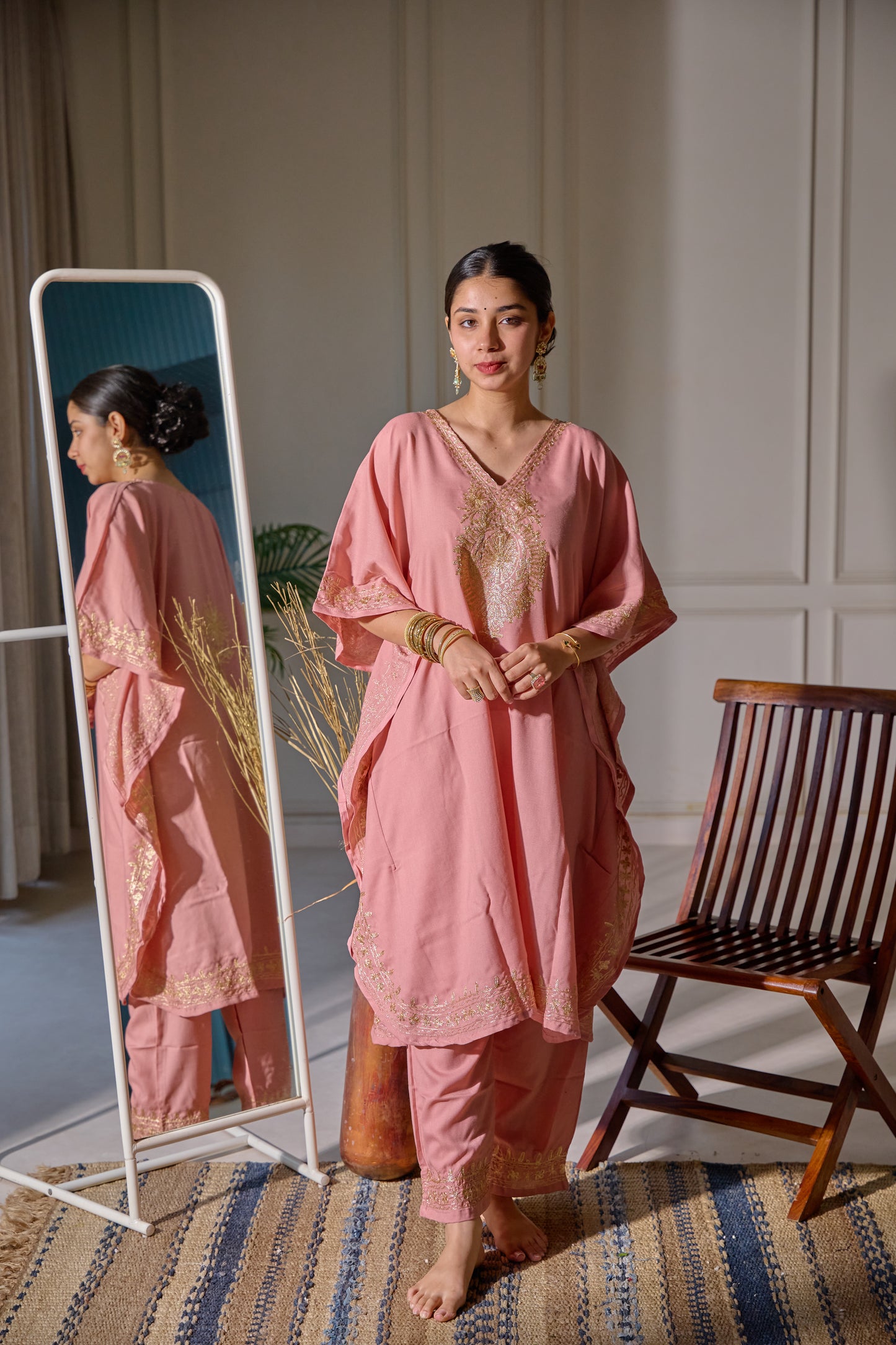 Pink Mughal Zari Kaftan Set