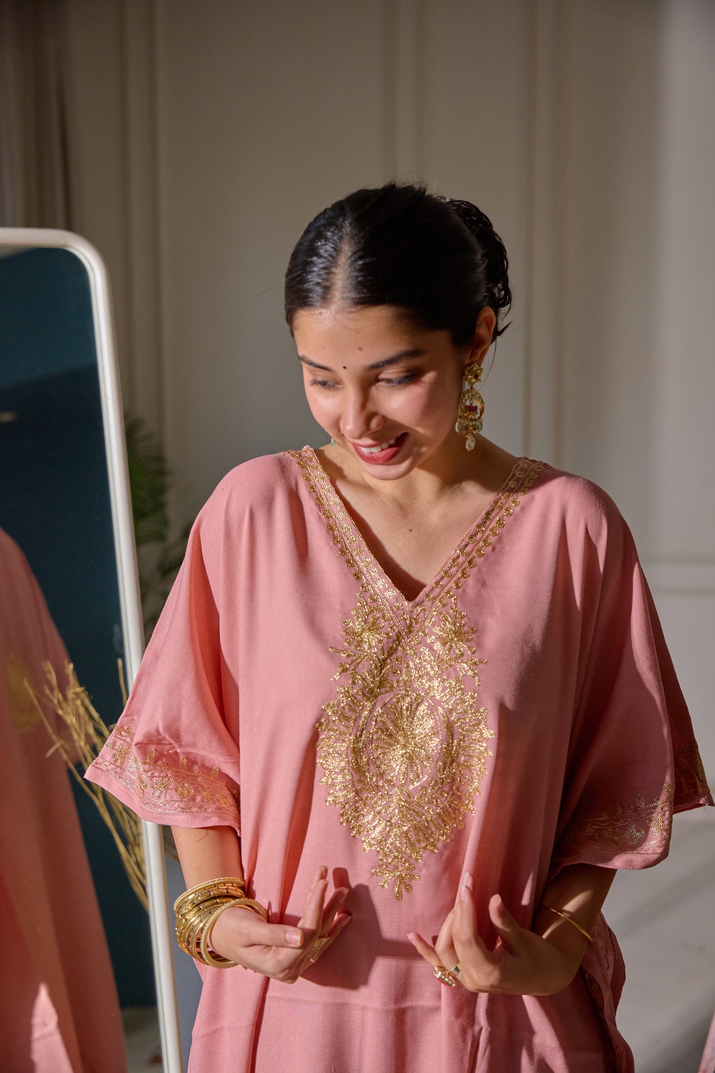 Pink Mughal Zari Kaftan Set