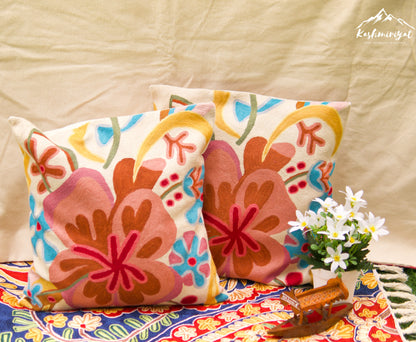 Kashmiri Summer Love Cushion Covers with Hand Embroidery in Wool (Set of 2)