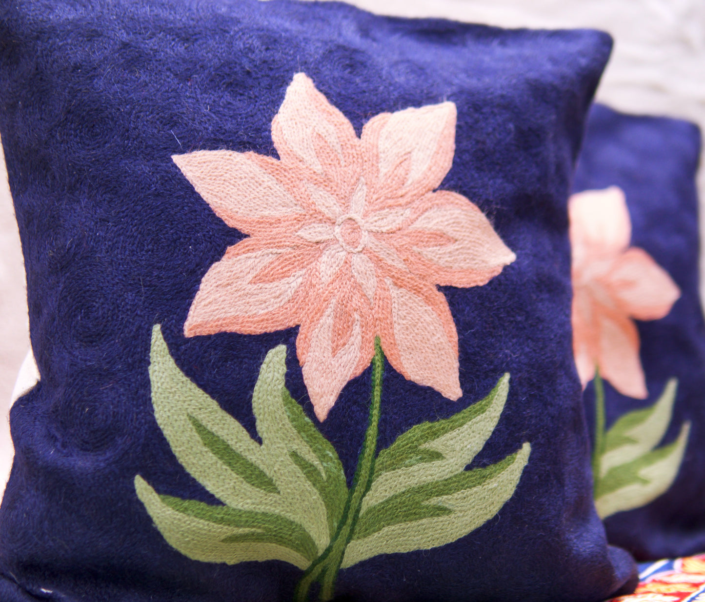 Summer Bloom Cushion Covers with Hand Embroidery in Wool (Set of 2)