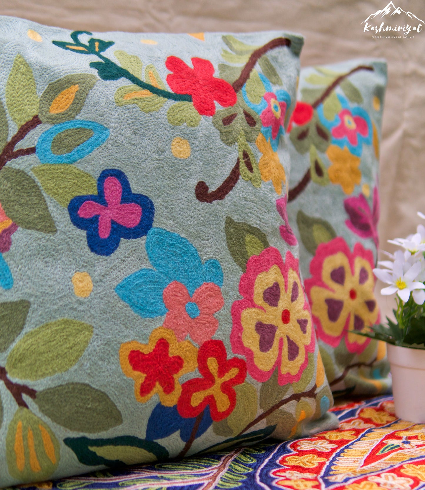 Blue Floral Garden Cushion Covers with Hand Embroidery in Wool (Set of 2)
