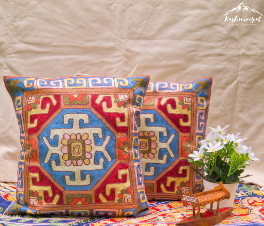 Traditional Motif Cushion Covers with Hand Embroidery in Silk (Set of 2)