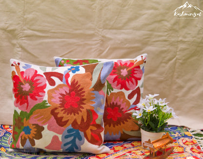 Floral Treasure Cushion Covers with Hand Embroidery in Wool (Set of 2)