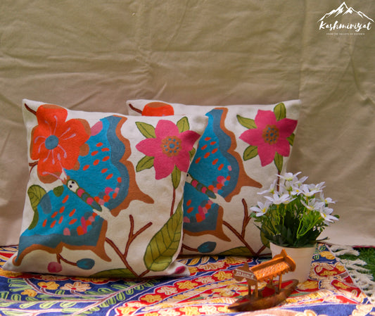 Butterfly Meadows Cushion Covers with Hand Embroidery in Wool (Set of 2)