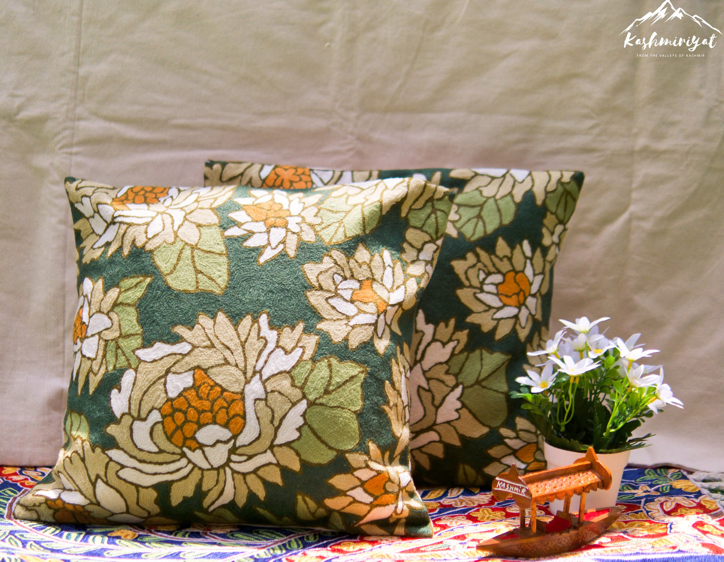 Green Story Cushion Covers with Hand Embroidery in Wool (Set of 2)