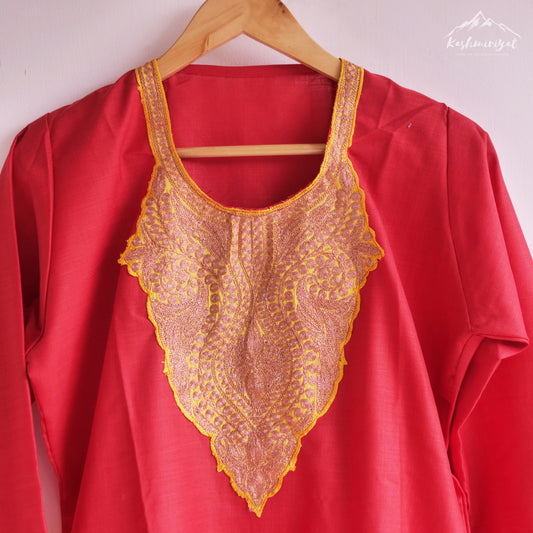 Kashmiri Red Golden Cotton Kurti (3Pc Suit)