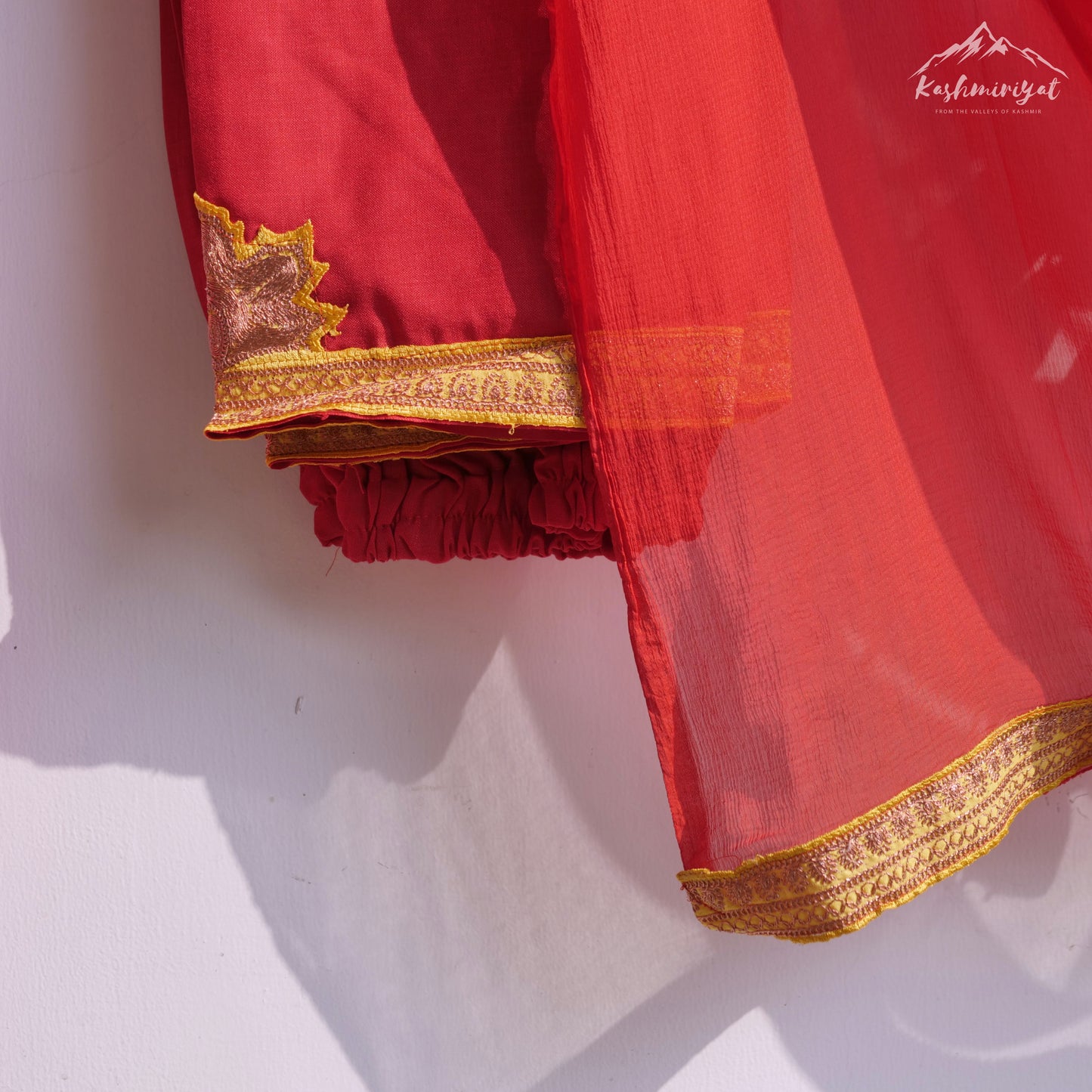 Kashmiri Red Golden Cotton Kurti (3Pc Suit)