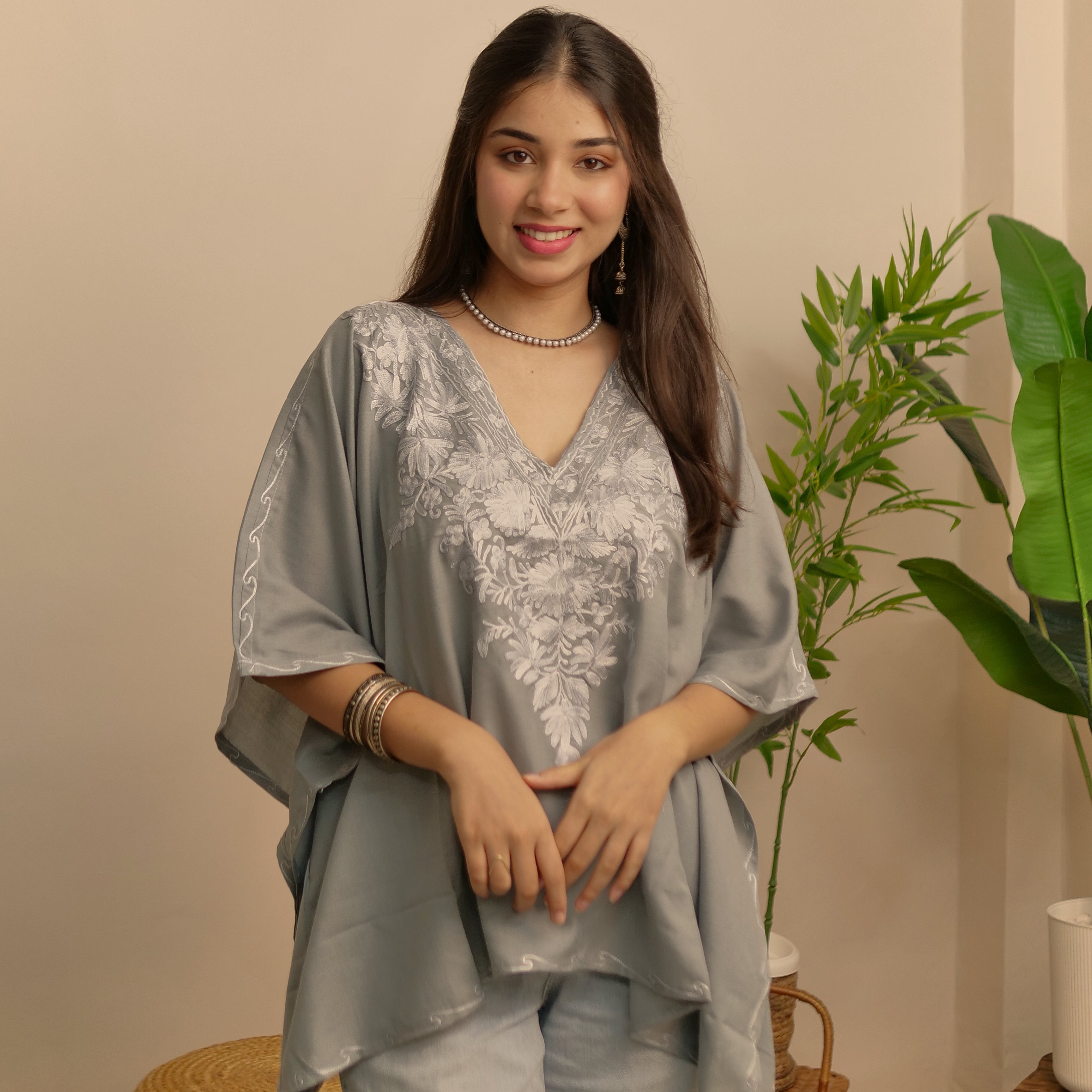 Grey Cotton Kashmiri Kaftan Top