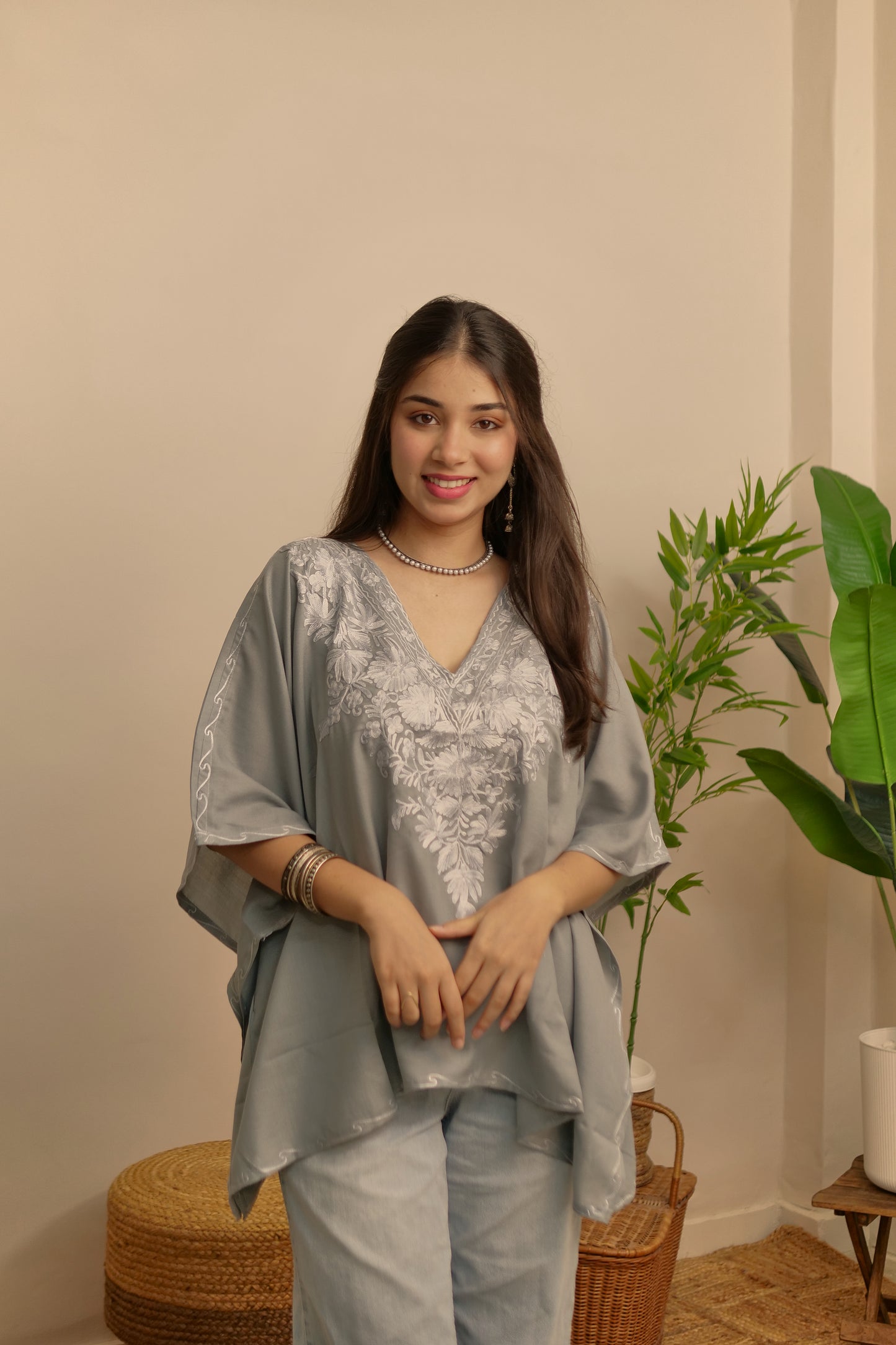 Grey Cotton Kashmiri Kaftan Top
