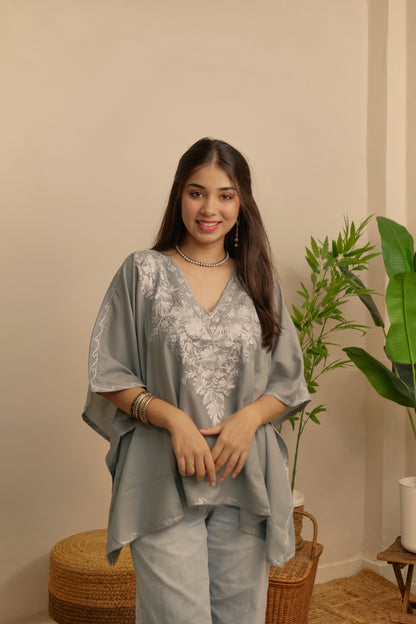 Grey Cotton Kashmiri Kaftan Top