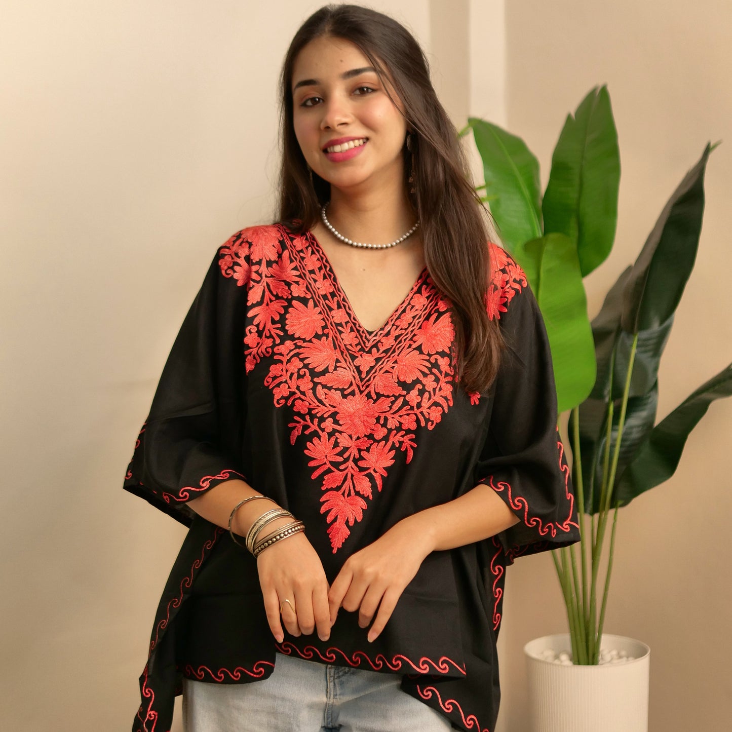Black & Red Kashmiri Kaftan Top