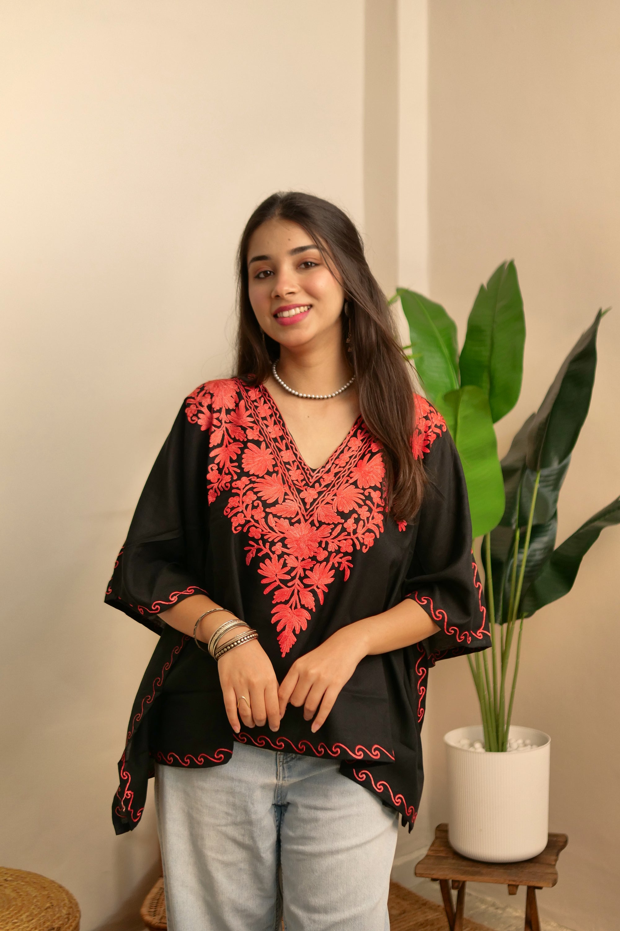 Black & Red Kashmiri Kaftan Top