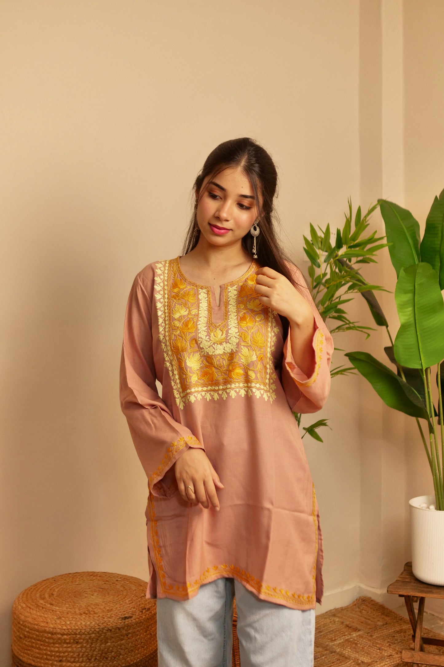 Peach Cotton Kashmiri short kurti