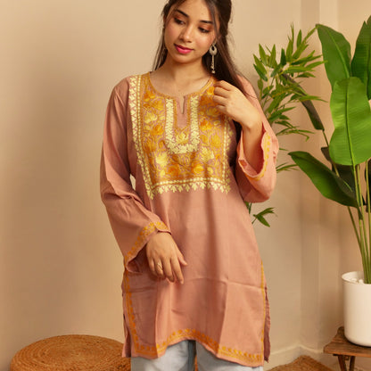 Peach Cotton Kashmiri short kurti
