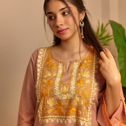 Peach Cotton Kashmiri short kurti