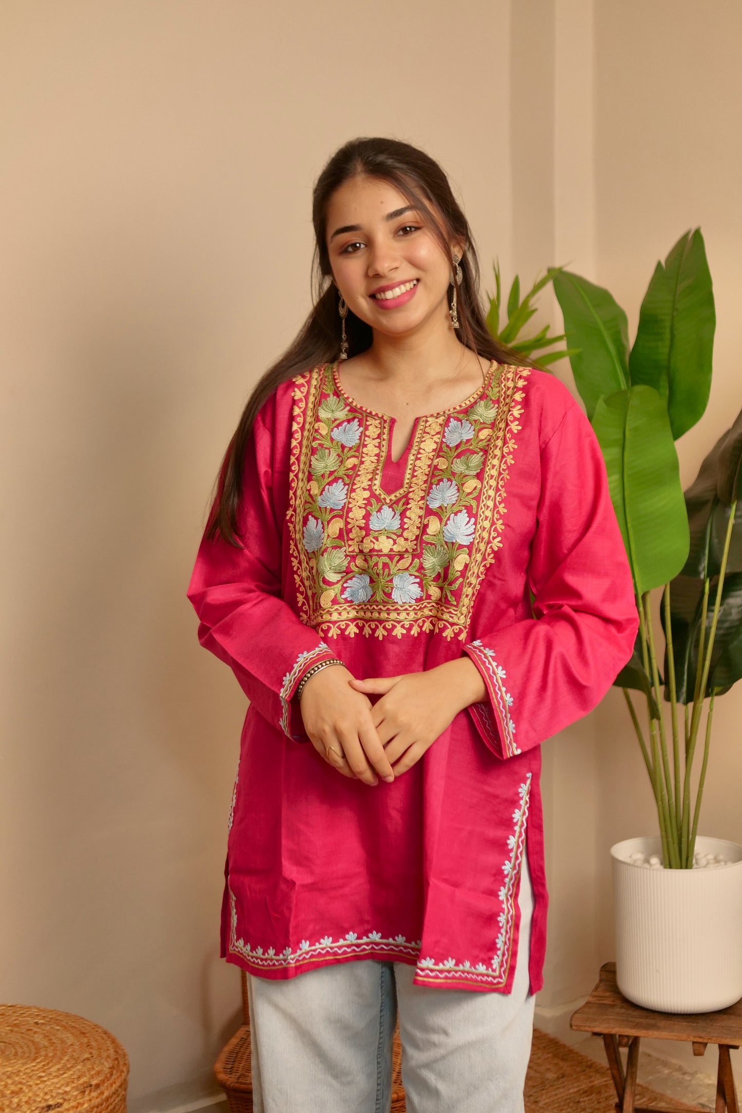 Pink Cotton Kashmiri short kurti