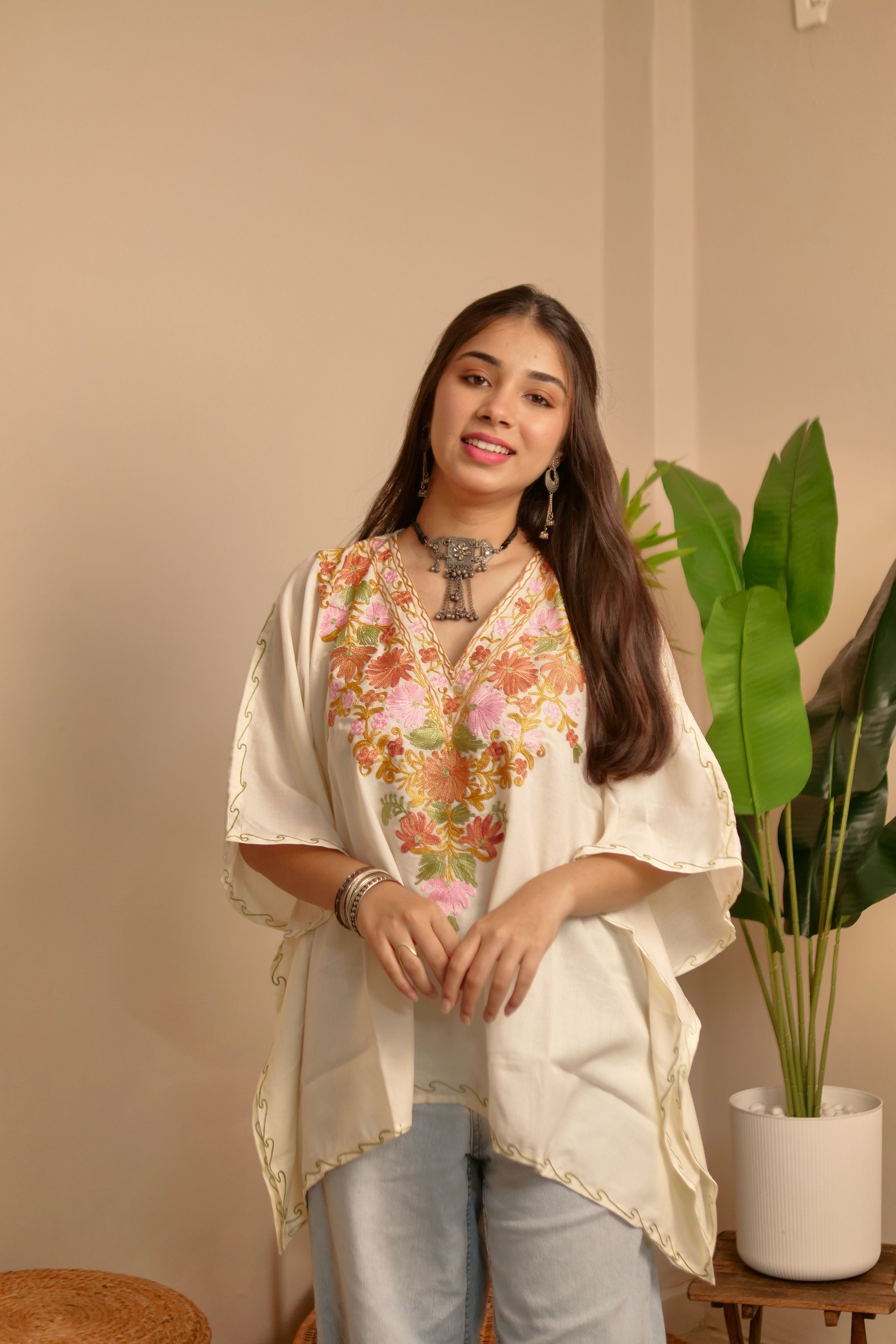 Off White Floral Kashmiri Cotton Kaftan Top