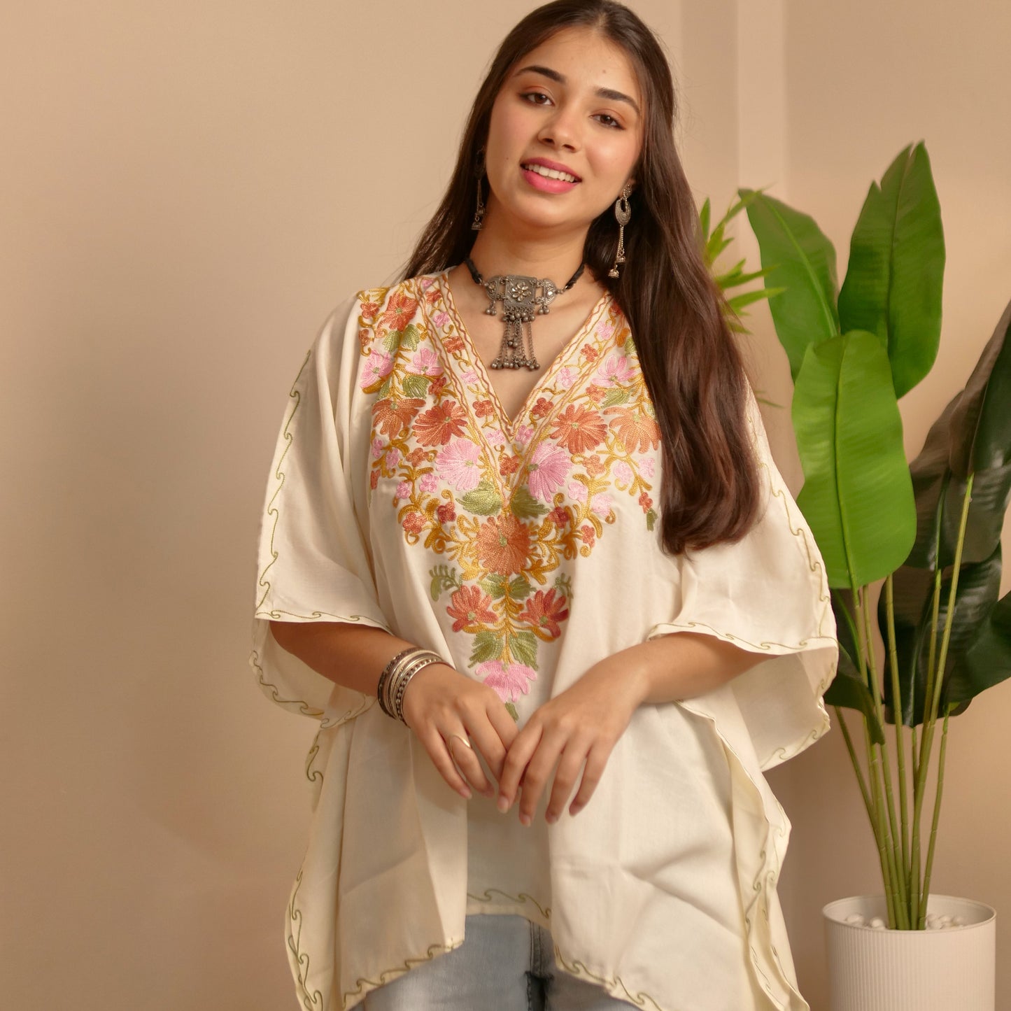 Off White Floral Kashmiri Cotton Kaftan Top