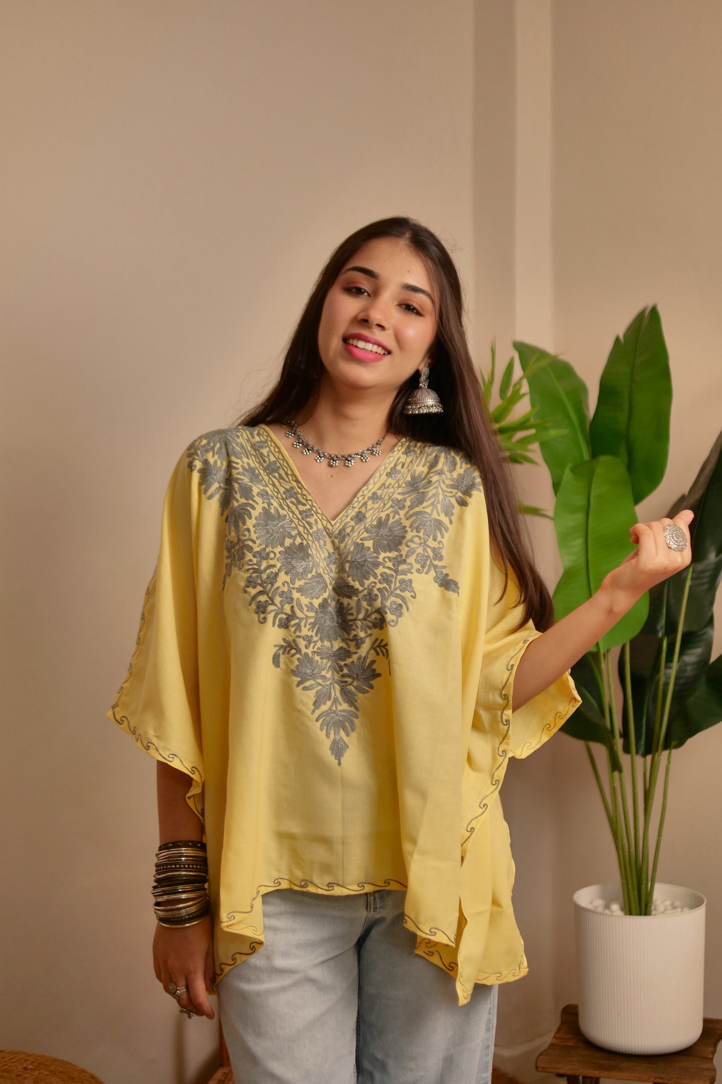 Yellow with Grey Kashmiri Cotton Kaftan Top