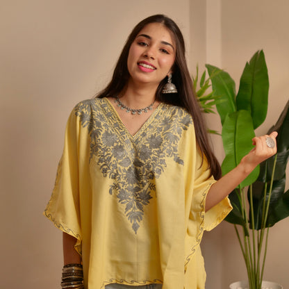 Yellow with Grey Kashmiri Cotton Kaftan Top