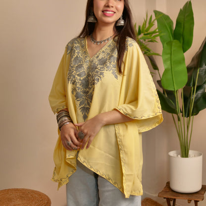 Yellow with Grey Kashmiri Cotton Kaftan Top