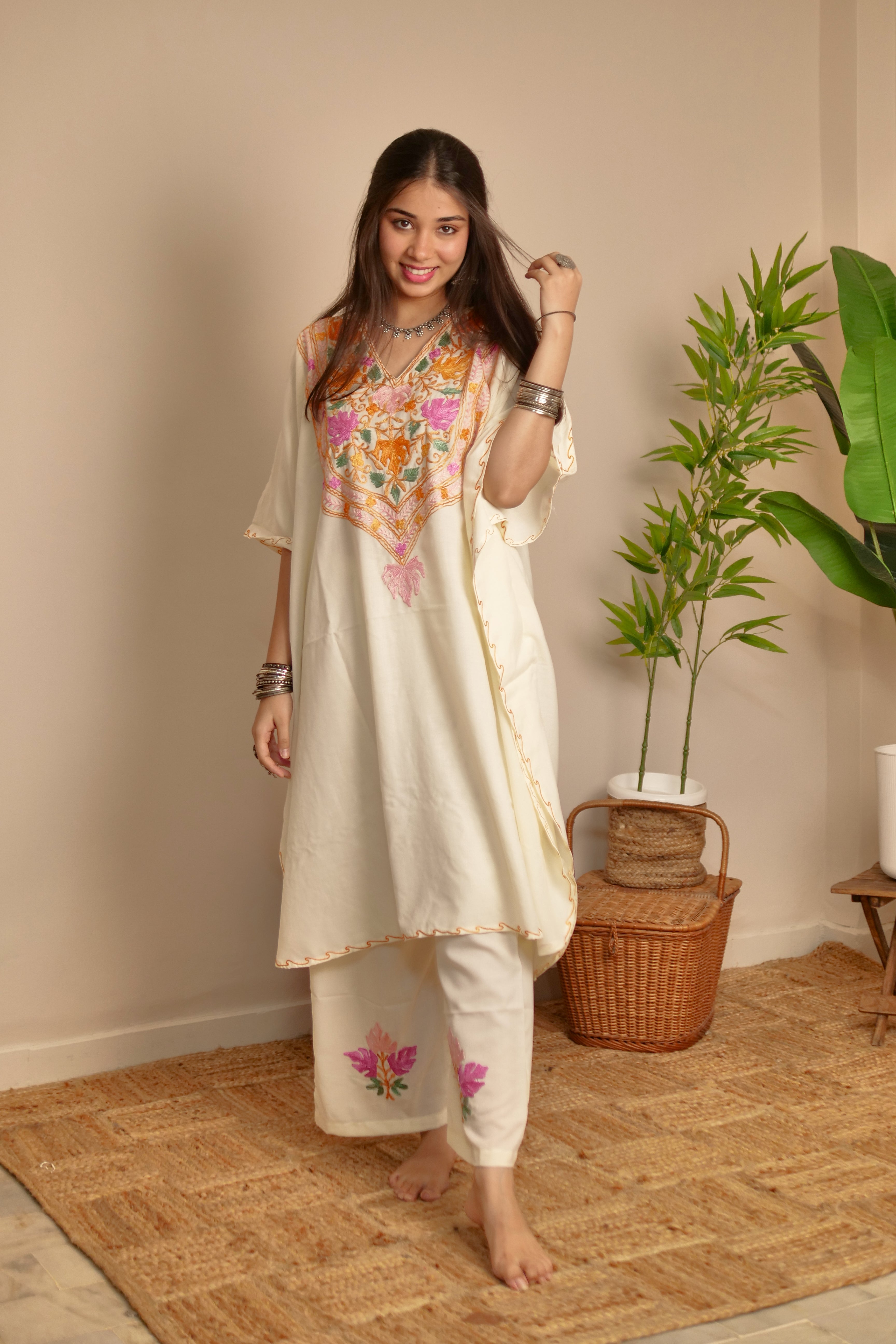 Off White Cotton Kaftan Co-ord Set