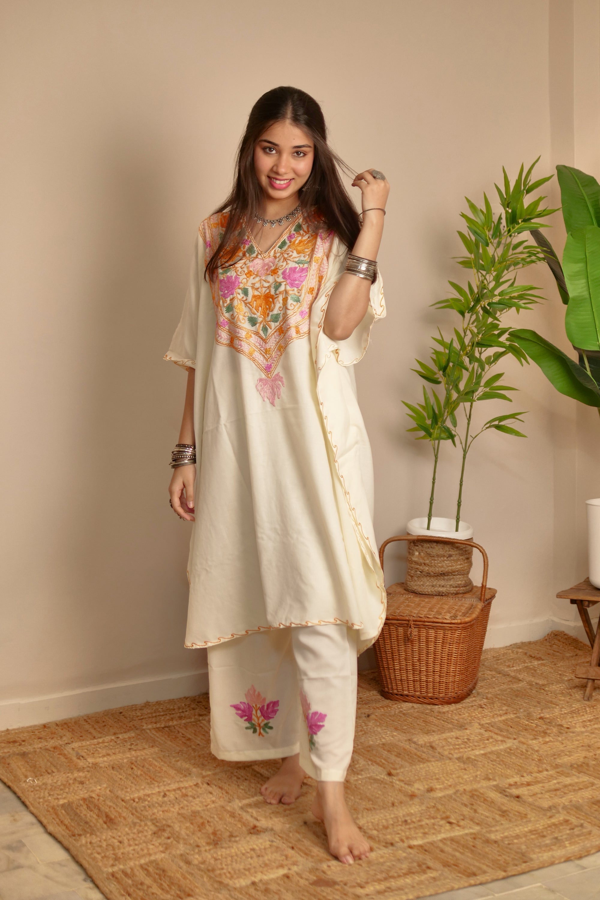 Off White Cotton Kaftan Co-ord Set