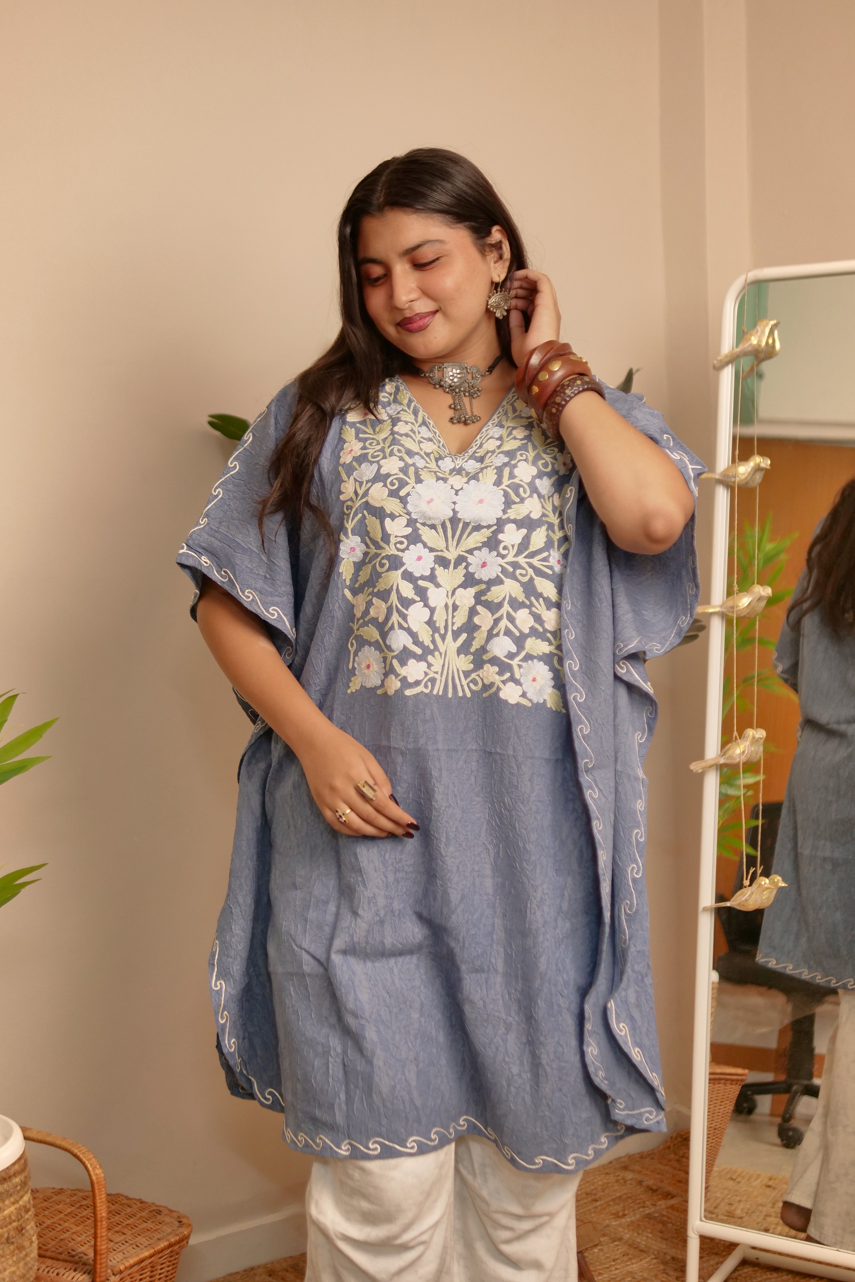 Grey Crush Cotton Kashmiri Kaftan