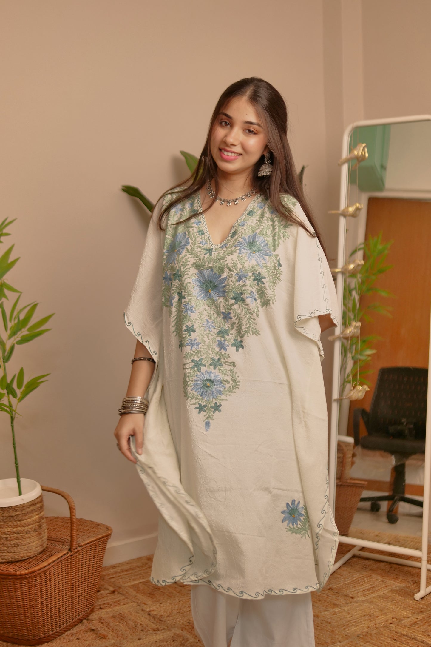 White with Green Blue Crush Cotton Kaftan