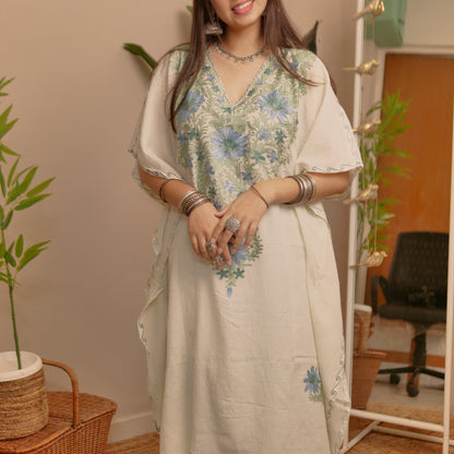 White with Green Blue Crush Cotton Kaftan