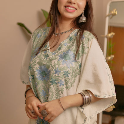 White with Green Blue Crush Cotton Kaftan