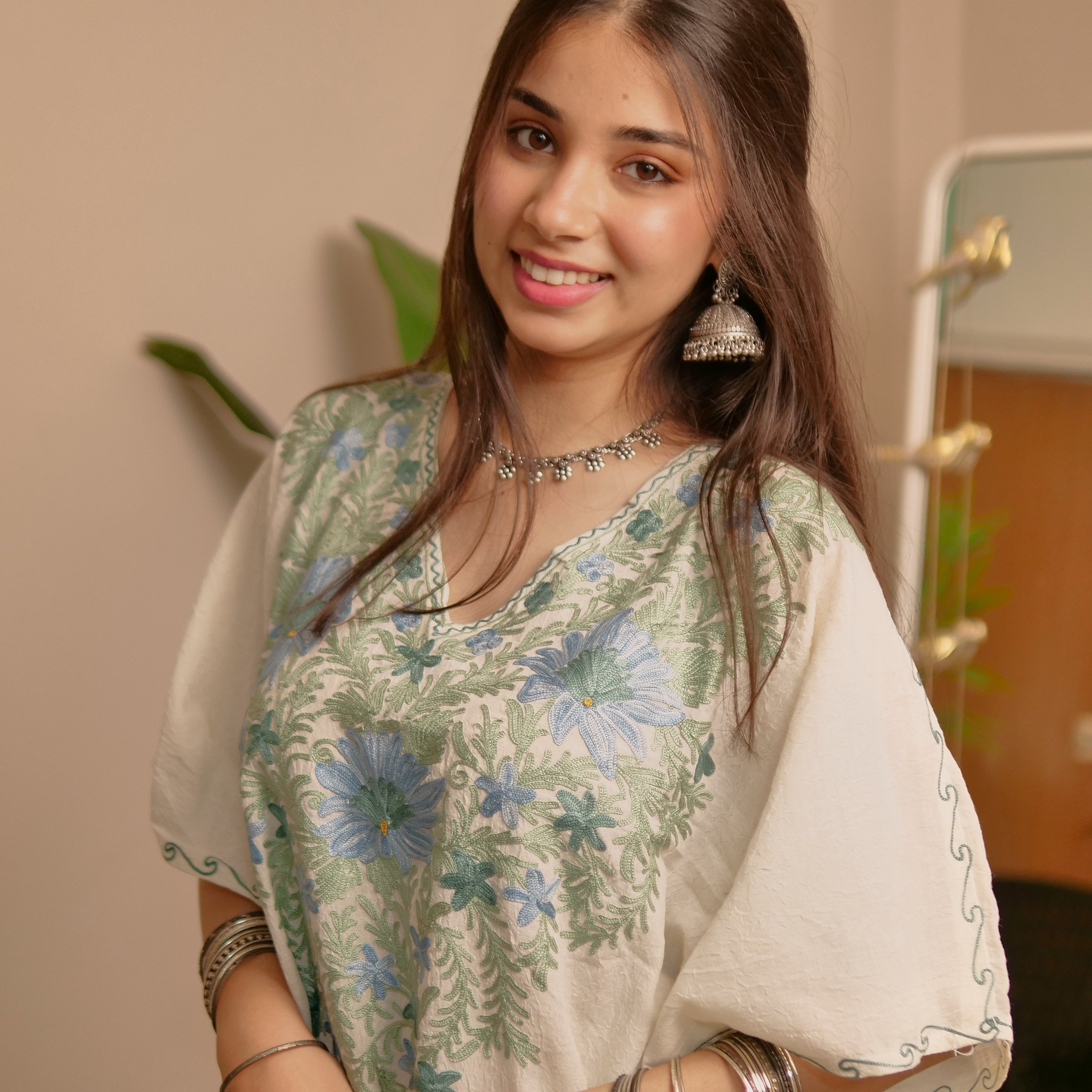 White with Green Blue Crush Cotton Kaftan