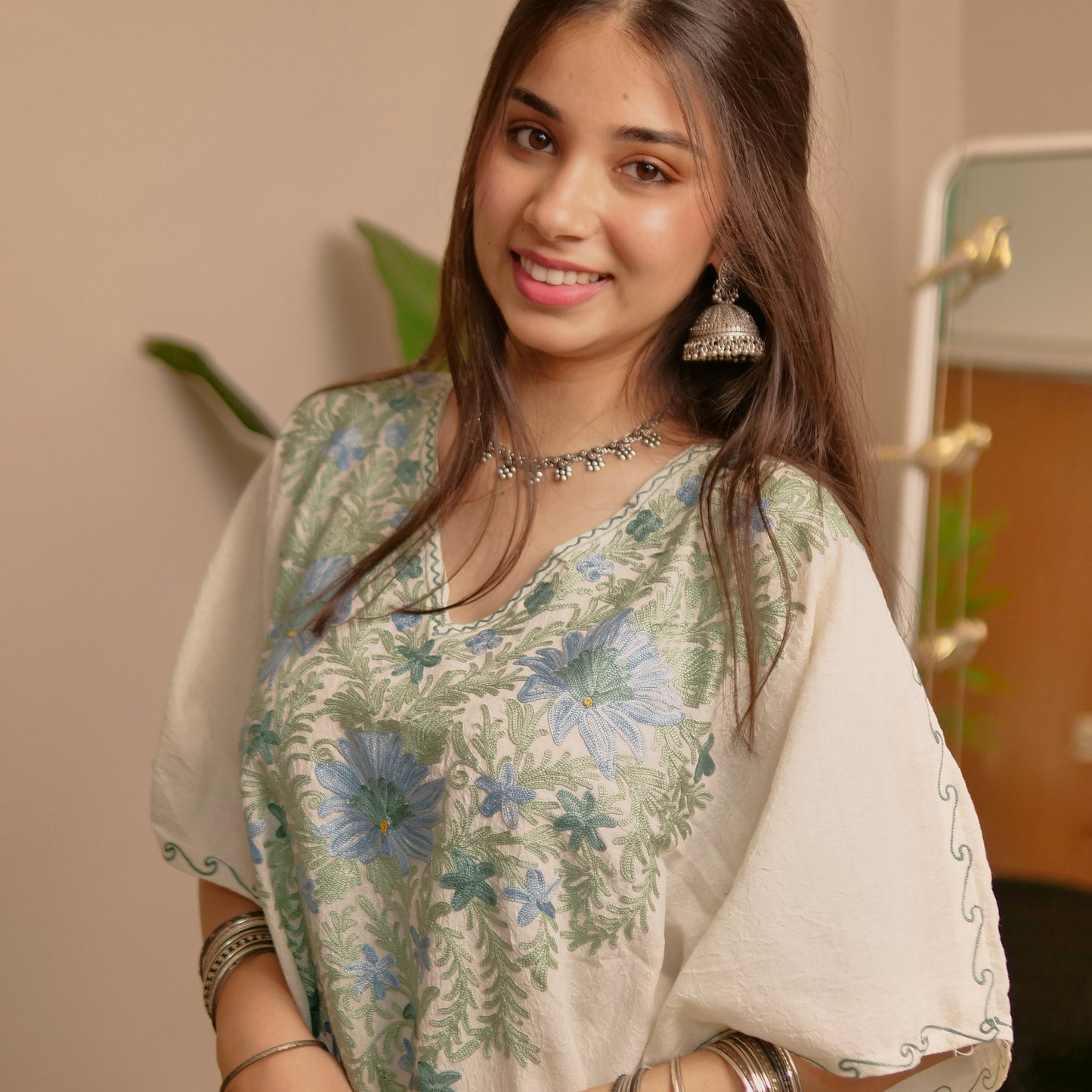 White with Green Blue Crush Cotton Kaftan