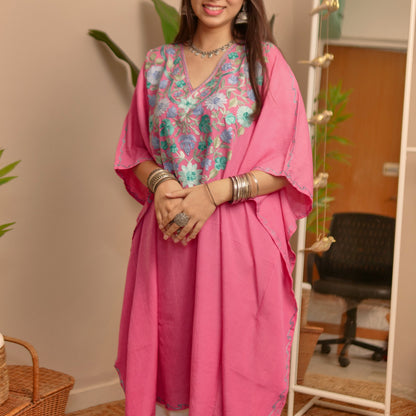 Pink Floral Crush Cotton Kashmiri Kaftan