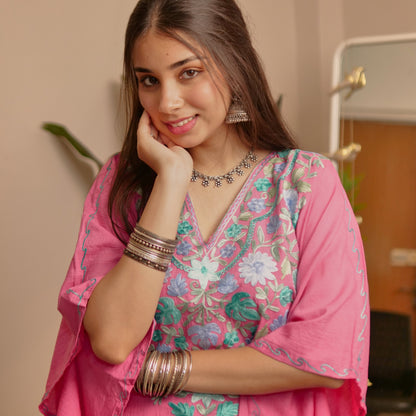 Pink Floral Crush Cotton Kashmiri Kaftan
