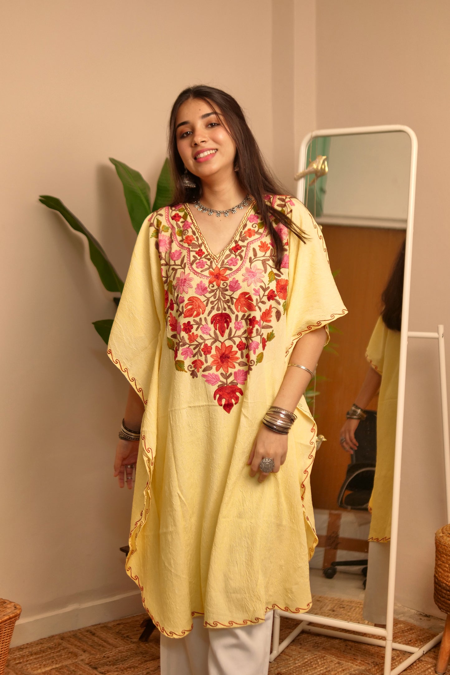 Yellow Floral Cotton Kashmiri Kaftan