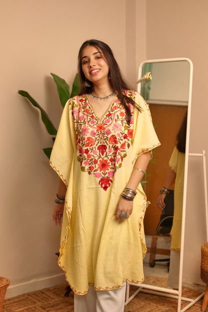 Yellow Floral Cotton Kashmiri Kaftan