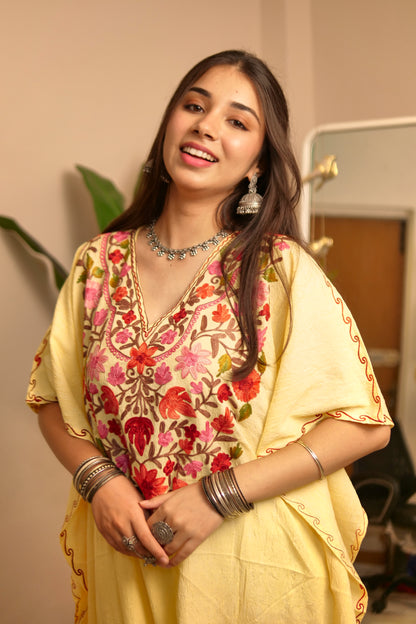 Yellow Floral Cotton Kashmiri Kaftan