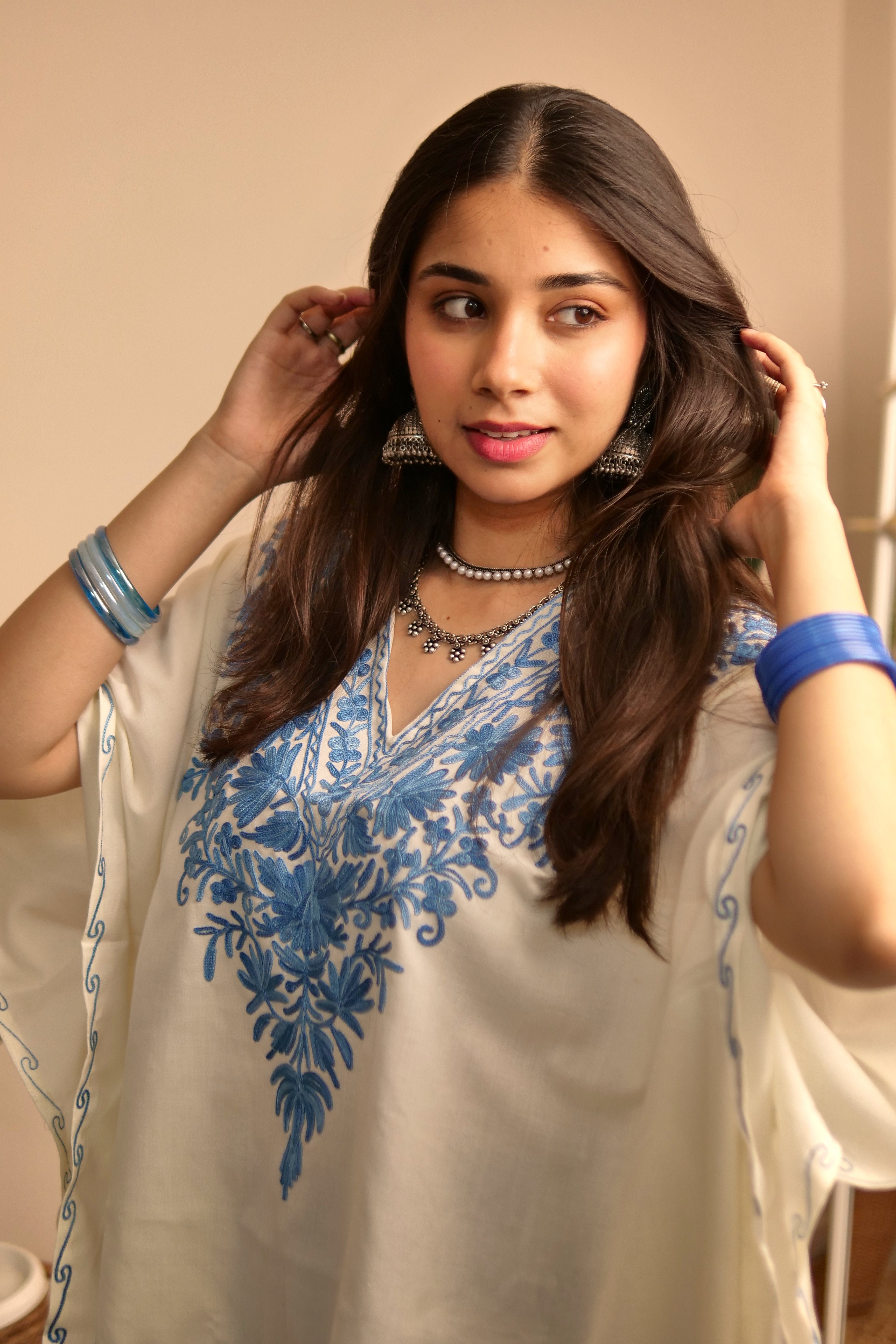 White and Blue Kashmiri Cotton Kaftan Top