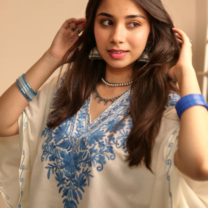 White and Blue Kashmiri Cotton Kaftan Top