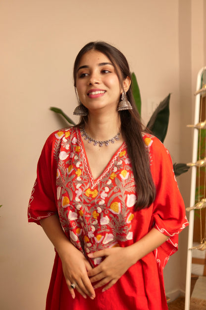 Red Crush Kashmiri Cotton Kaftan Top