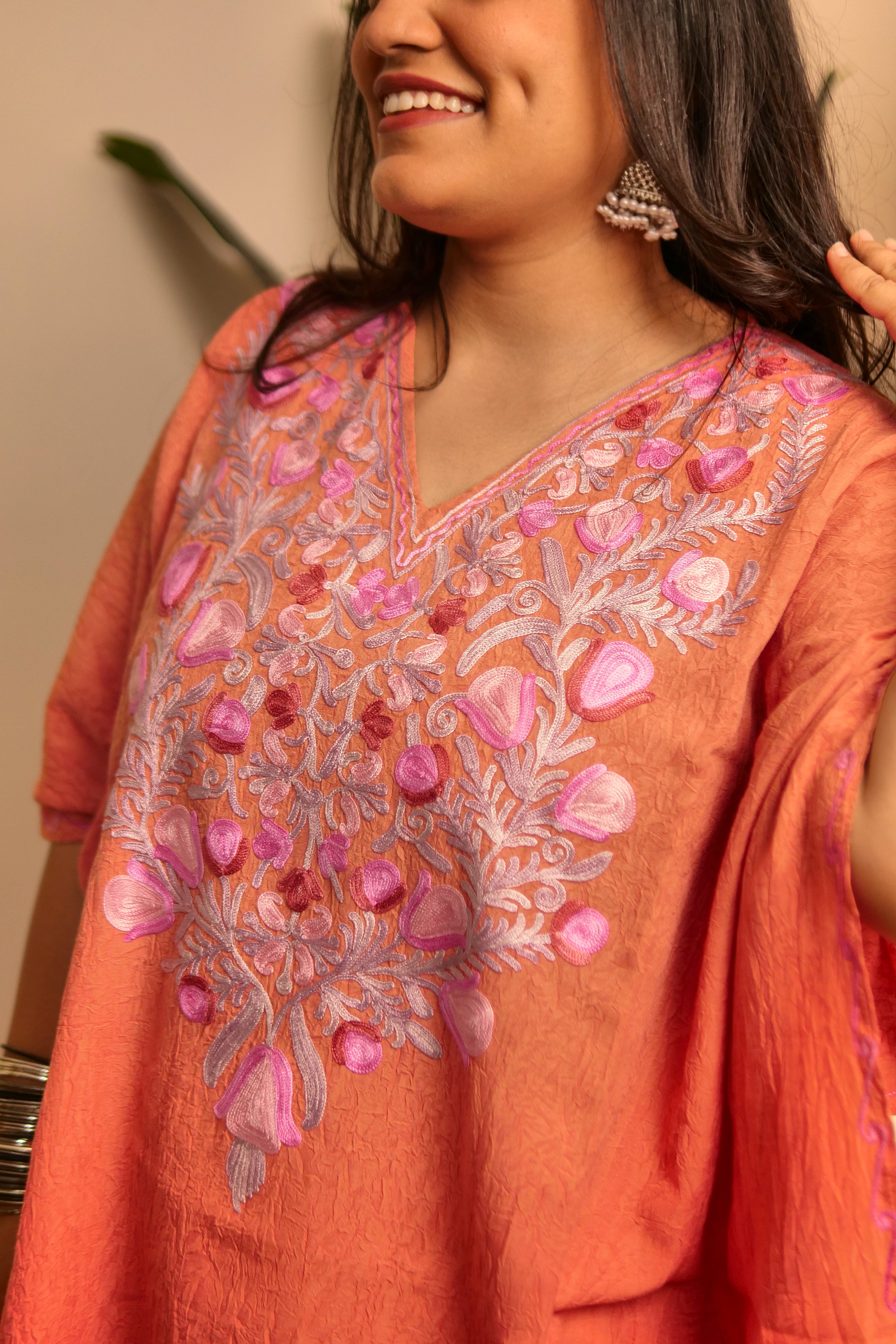 Peach Crush Kashmiri Cotton Kaftan Top