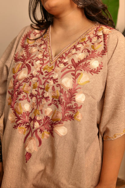 Cream Crush Kashmiri Cotton Kaftan Top