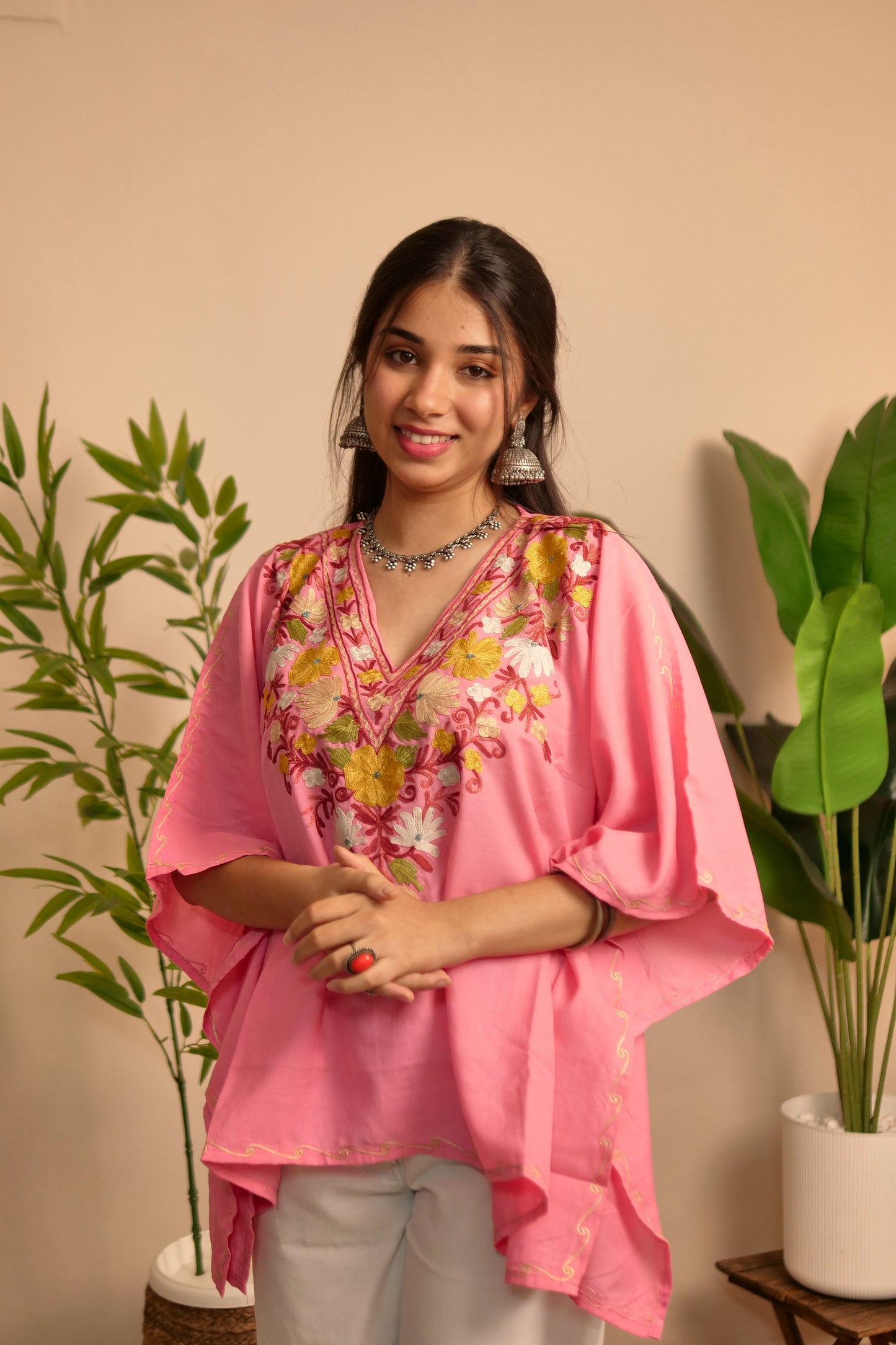 Pink Cotton Kashmiri Kaftan
