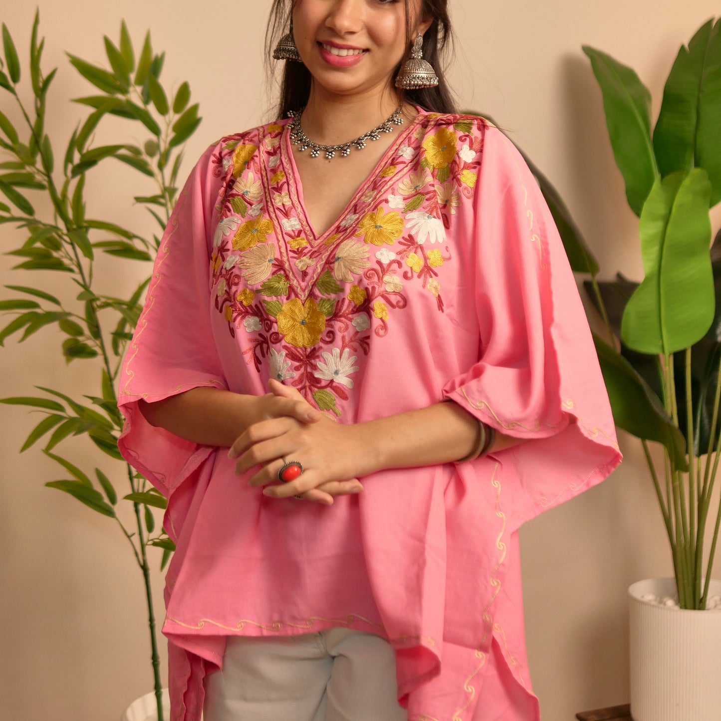 Pink Cotton Kashmiri Kaftan Top
