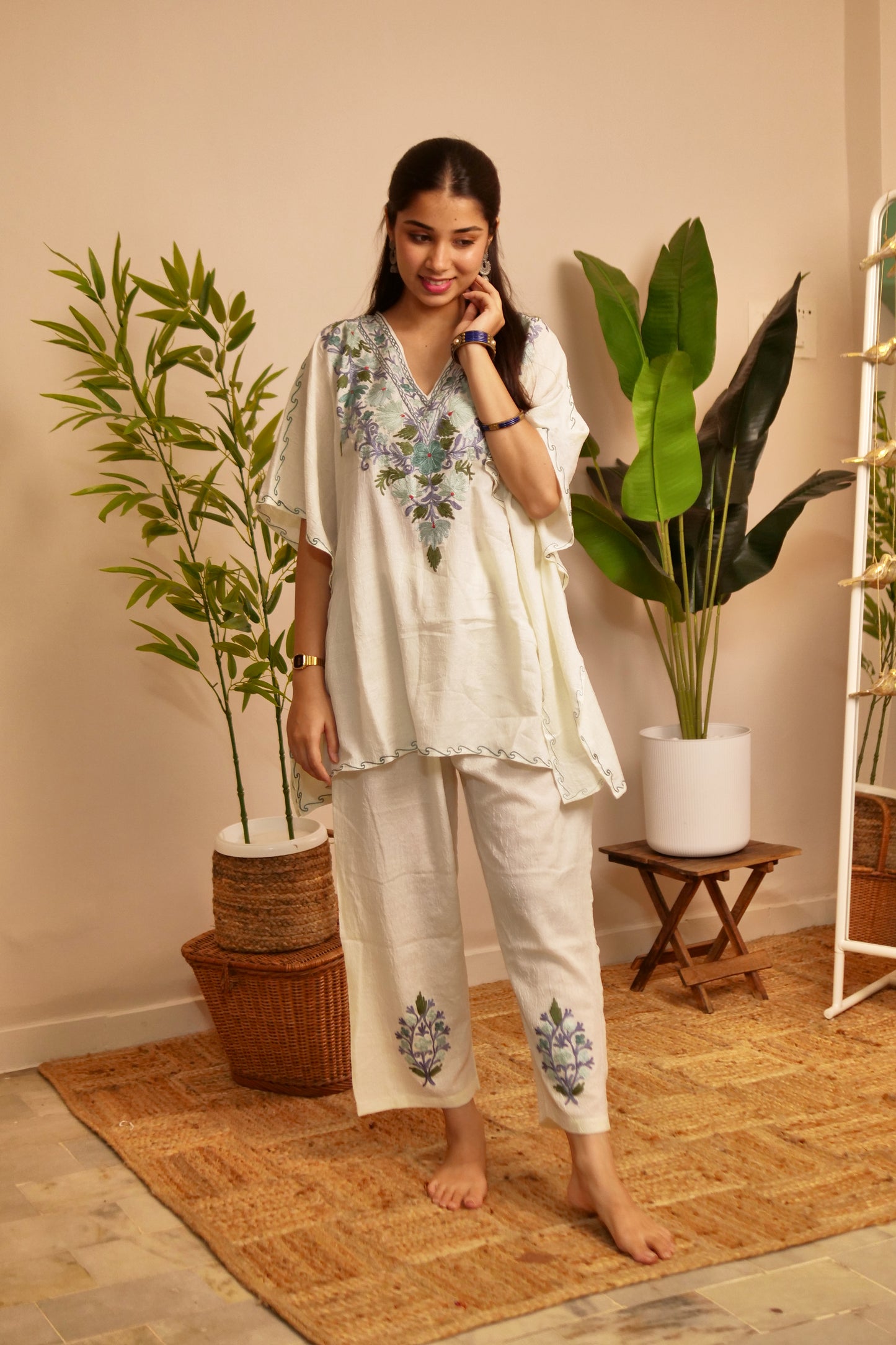 White Floral Cotton Kaftan Set