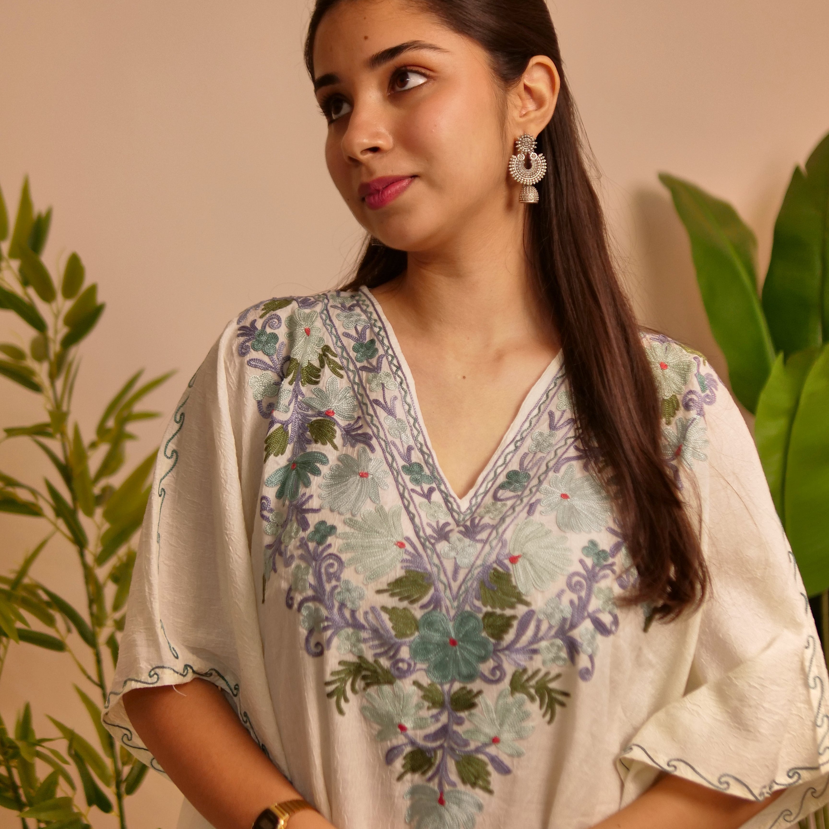 White Floral Cotton Kaftan Set